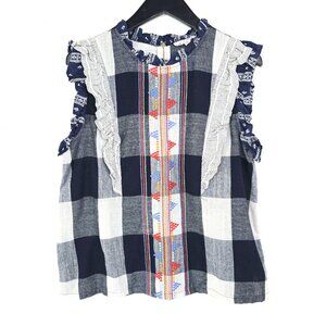 Anthropologie THML Navy White Gingham Plaid Embroidered Ruffle Sleeveless Top